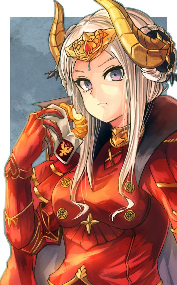 1girl cape closed_mouth doughnut eating edelgard_von_hresvelg fire_emblem fire_emblem:_three_houses fire_emblem:_three_houses fire_emblem_16 food fuussu_(21-kazin) headpiece holding horns intelligent_systems moe nintendo solo timeskip upper_body violet_eyes white_hair young_adult