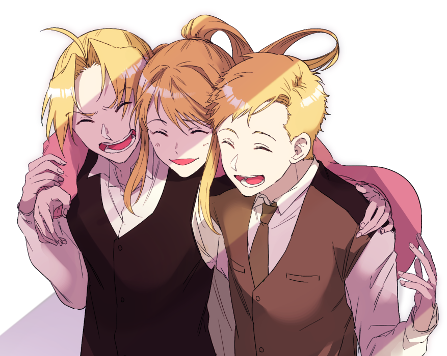 1girl 2boys :d ^_^ alphonse_elric blonde_hair blush brothers brown_neckwear buttons cheek-to-cheek closed_eyes collared_shirt dress_shirt edward_elric eyebrows_visible_through_hair fingernails floating_hair fullmetal_alchemist furrowed_eyebrows hand_on_another's_hand hand_on_another's_shoulder hand_up happy high_ponytail hug hug_from_behind long_sleeves maico_(pmicimp) multiple_boys necktie open_mouth ponytail shaded_face shadow shiny shiny_hair shirt siblings simple_background smile straight_hair teeth tongue upper_body vest white_background white_shirt winry_rockbell