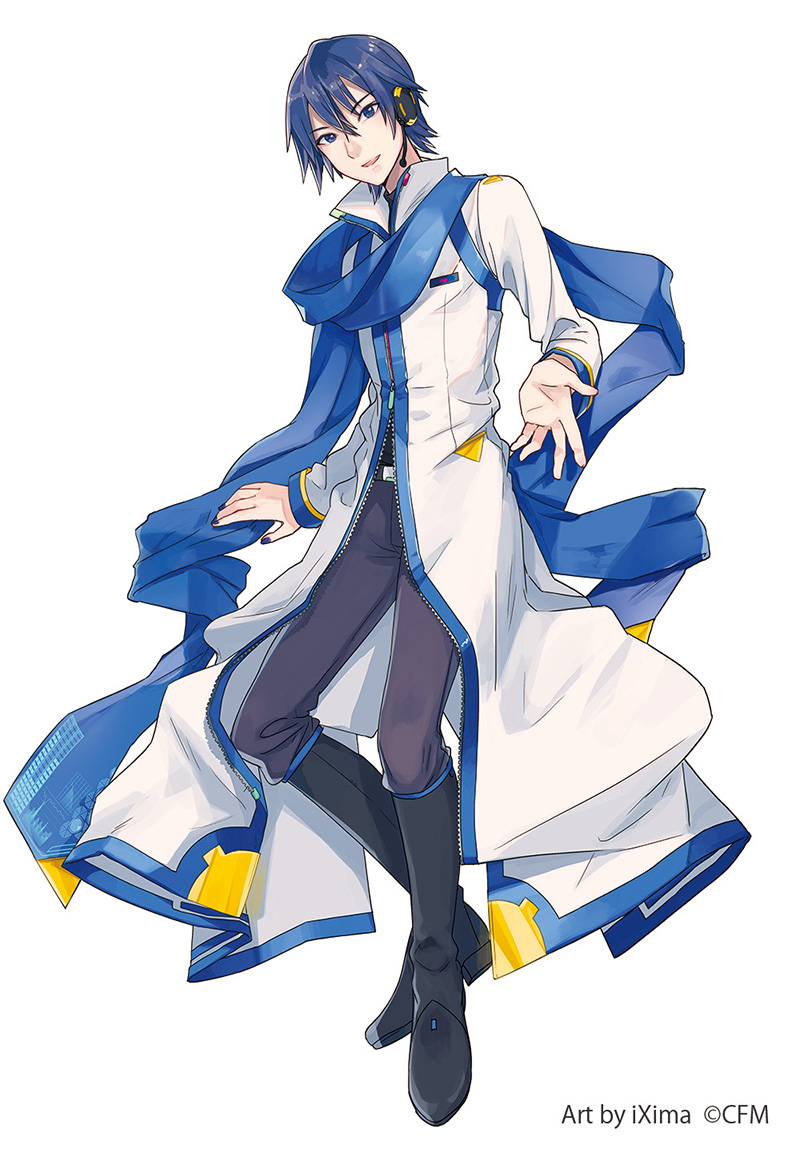 1boy arm_support asymmetrical_hair bangs belt black_footwear black_shirt blue_eyes blue_hair blue_scarf boots coat full_body grey_pants headset ixima kaito_(vocaloid) kaito_(vocaloid3) long_coat looking_at_viewer lying male_focus nail_polish official_art pants reaching_out scarf shirt short_hair smile turtleneck vocaloid white_background white_coat zipper