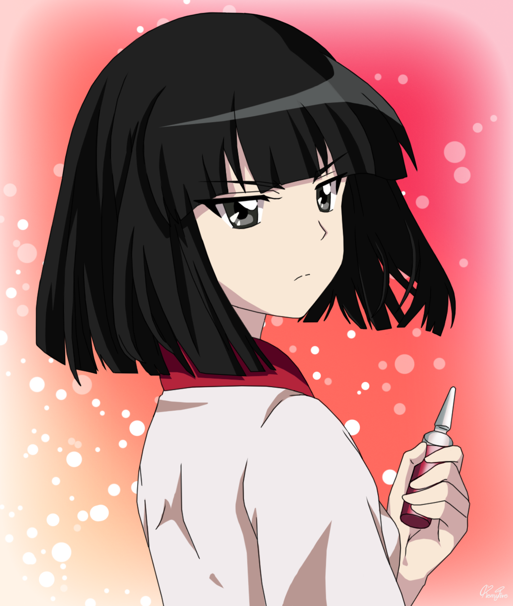 1girl arm_up artist_name bangs black_hair blunt_bangs commentary_request frown fujiwara_no_mokou fujiwara_no_mokou_(young) gradient gradient_background grey_eyes highres holding hourai_elixir looking_back looking_to_the_side pink_background polka_dot polka_dot_background remyfive shirt short_hair solo standing touhou upper_body vial white_shirt younger