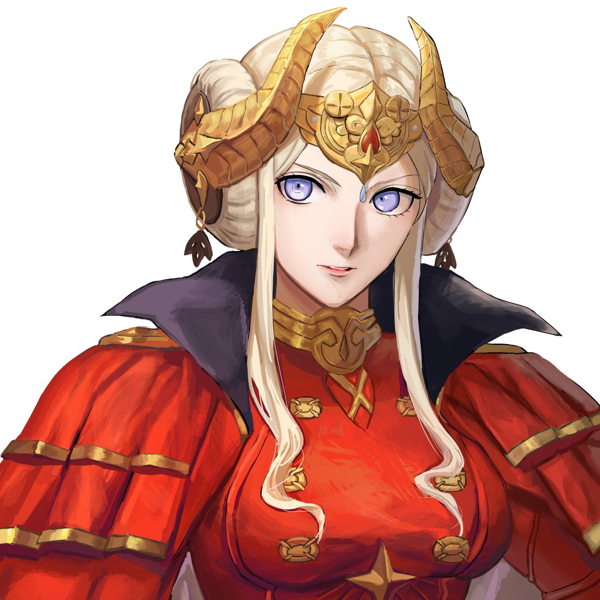 1girl aizumi240326 edelgard_von_hresvelg fire_emblem fire_emblem:_three_houses headpiece horns parted_lips simple_background solo upper_body violet_eyes white_background white_hair
