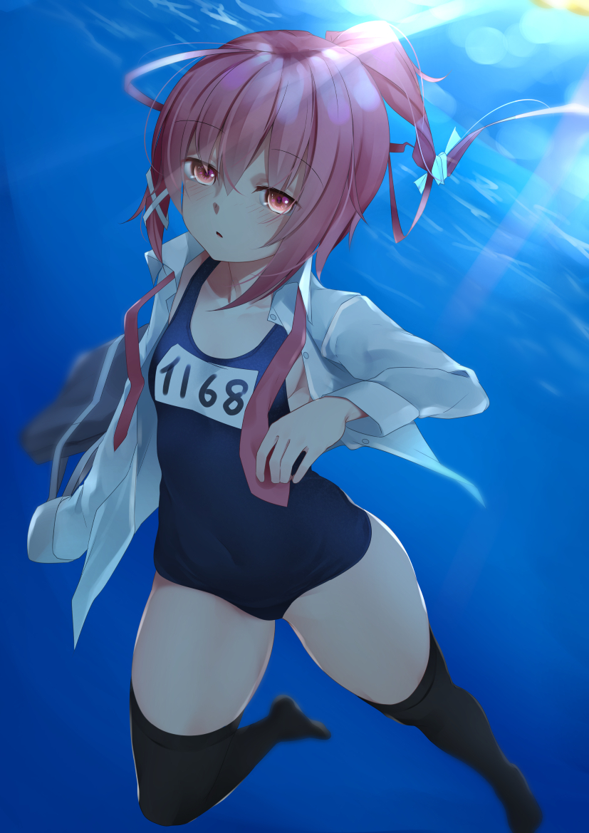 1girl bag bangs black_legwear blush breasts collarbone commentary covered_navel eyebrows_visible_through_hair hair_ribbon i-168_(kantai_collection) kantai_collection long_hair long_sleeves looking_at_viewer name_tag ne_an_ito neckerchief one-piece_swimsuit open_clothes parted_lips pink_eyes pink_hair ponytail ribbon school_swimsuit shirt shoulder_bag solo swimsuit swimsuit_under_clothes thigh-highs underwater white_shirt