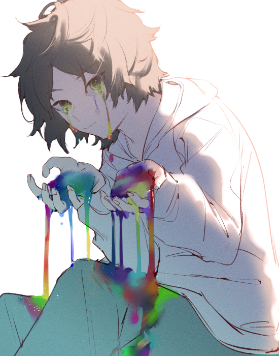 1boy amou_tsukihiko backlighting bangs black_hair brown_hair colored_tears crying crying_with_eyes_open cupping_hands green_eyes hood hood_down hoodie liquid long_sleeves male_focus mirin_chikuwa pants simple_background sitting solo tears white_background world_trigger