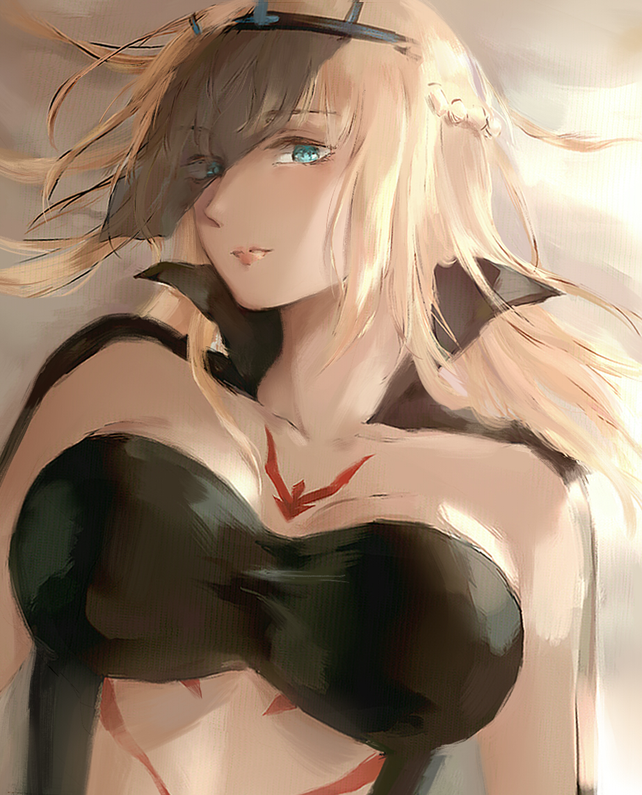 1girl bandeau blonde_hair blue_eyes braid breasts crown fate/apocrypha fate/grand_order fate_(series) french_braid large_breasts long_hair looking_at_viewer lying morgan_le_fay_(fate) on_back painterly rifu_(643763873) solo tattoo upper_body veil