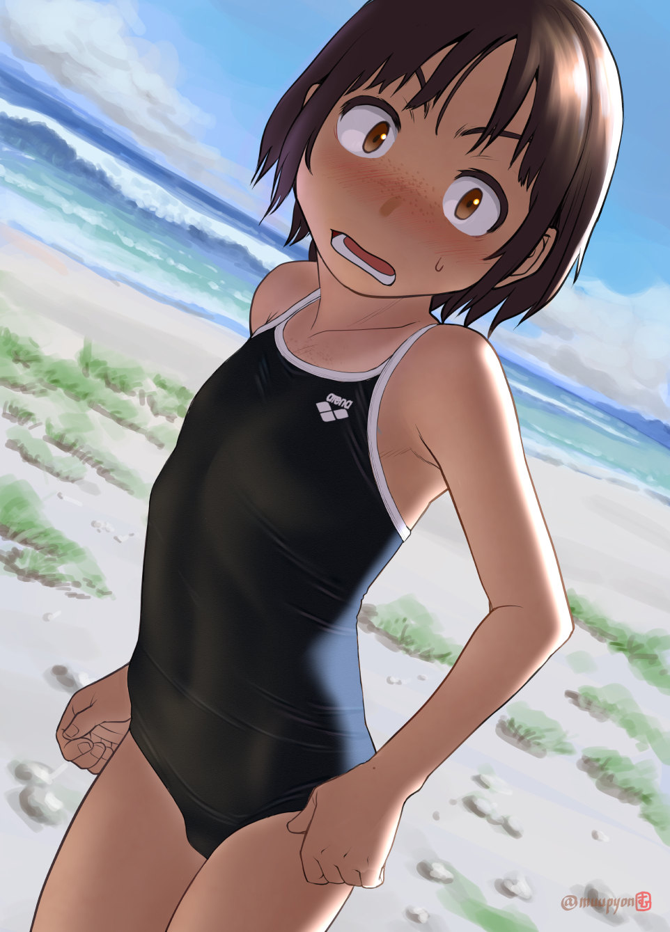 1girl arena_(company) beach black_swimsuit blue_sky blush bob_cut body_freckles breasts brown_eyes brown_hair clouds commentary competition_school_swimsuit day dutch_angle flat_chest freckles furrowed_eyebrows grass highres logo looking_at_viewer mu-pyon nose_blush ocean open_mouth original outdoors sanpaku school_swimsuit short_hair sky small_breasts solo surprised sweatdrop swimsuit tan tanline twitter_username waves