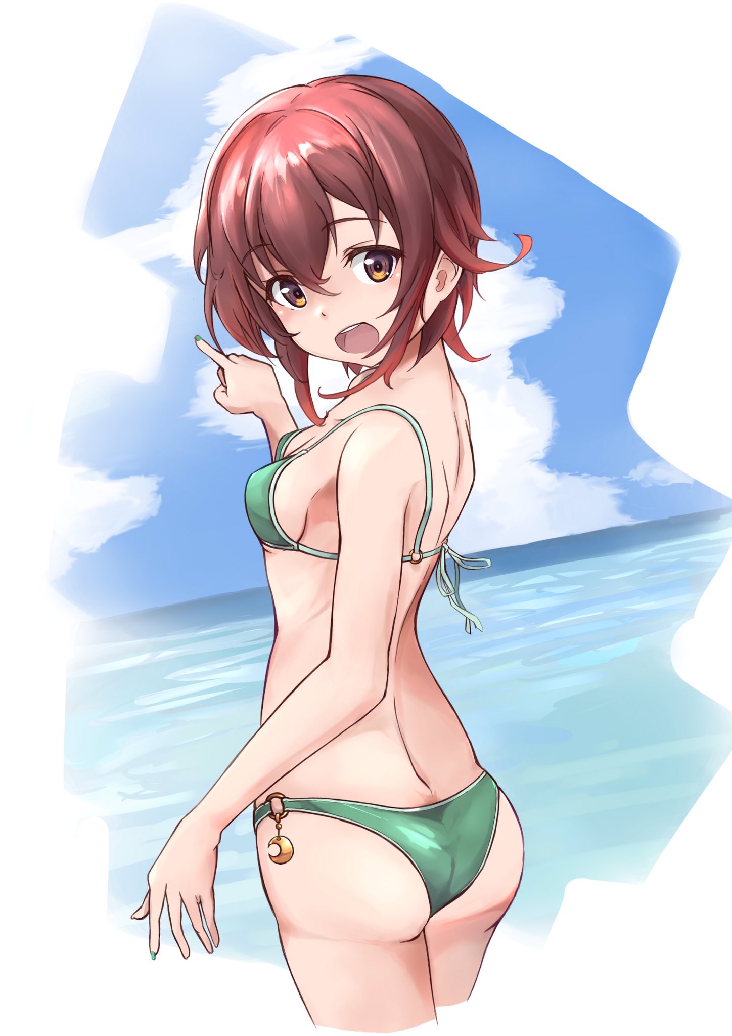 1girl ass bikini blue_sky breasts brown_hair clouds day dutch_angle from_behind gradient_hair green_bikini highres horizon kantai_collection looking_at_viewer minosu multicolored_hair mutsuki_(kantai_collection) ocean open_mouth outdoors pointing redhead round_teeth short_hair sky small_breasts smile solo swimsuit teeth upper_teeth