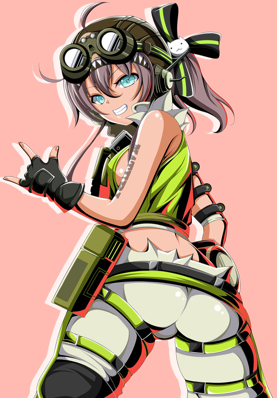 1girl \m/ ahoge apex_legends arm_tattoo belt belt_pouch blue_eyes brown_hair cosplay cowboy_shot fingerless_gloves gloves goggles grin hasa_west headwear_request hololive looking_at_viewer natsuiro_matsuri octane_(apex_legends) octane_(apex_legends)_(cosplay) pants pink_background pouch simple_background sleeveless smile solo tan tattoo thigh_strap tight tight_pants virtual_youtuber