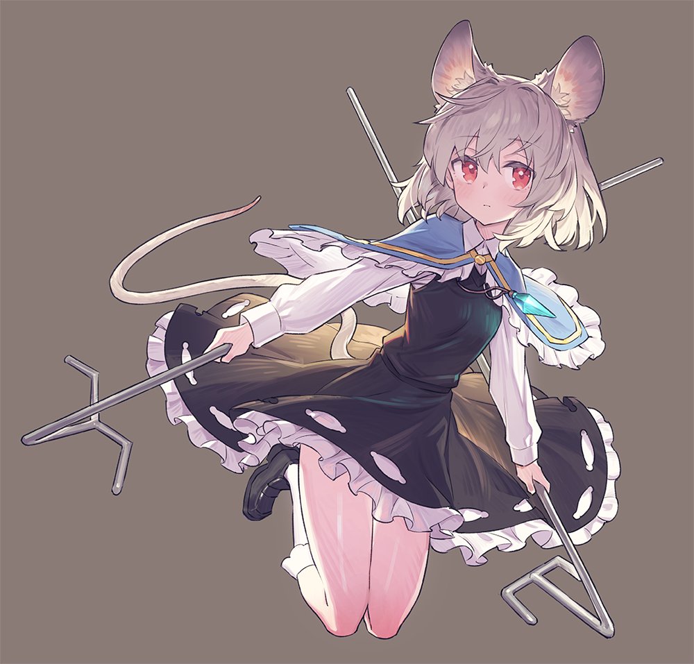 1girl animal_ear_fluff animal_ears bare_legs black_skirt black_vest blue_capelet blush breasts capelet closed_mouth collared_shirt commentary dowsing_rod expressionless eyebrows_visible_through_hair hair_between_eyes legs_together long_sleeves looking_at_viewer mouse_ears mouse_tail nazrin red_eyes shirt short_hair silver_hair simple_background skirt skirt_set small_breasts solo tail thighs touhou vest white_shirt wing_collar yamamomo_(plank)