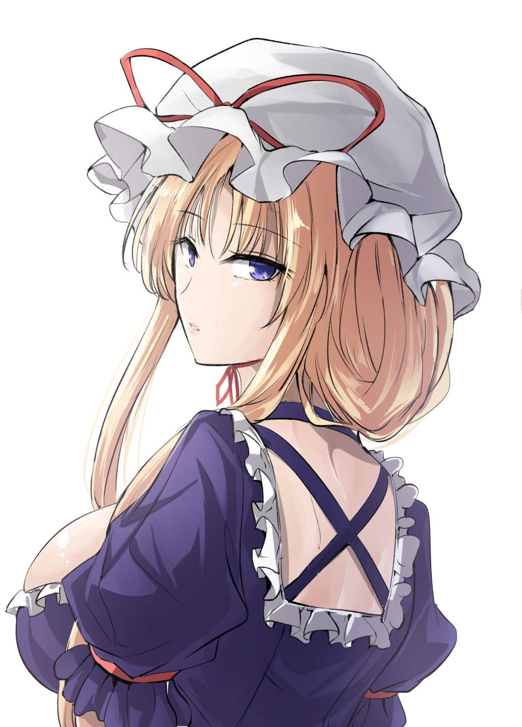 1girl bangs blonde_hair breasts commentary_request dress eyebrows_visible_through_hair frills from_behind hat hat_ribbon highres large_breasts looking_at_viewer looking_back mob_cap parted_lips puffy_short_sleeves puffy_sleeves purple_dress red_ribbon ribbon short_hair short_sleeves sidelocks simple_background solo touhou upper_body violet_eyes white_background white_headwear y2 yakumo_yukari