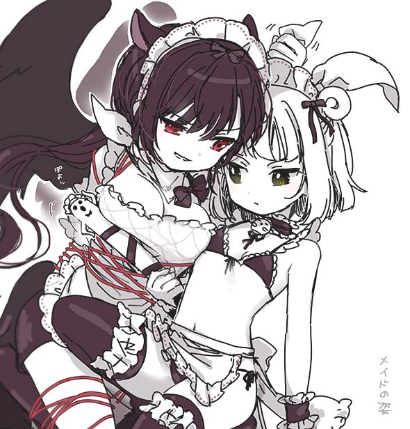 2girls alternate_costume animal_ears apron bare_arms bare_shoulders bikini biyon bow breasts enmaided fake_animal_ears flat_chest hair_bow haniwa_(statue) joutouguu_mayumi kurokoma_saki maid maid_bikini maid_headdress medium_breasts medium_hair monochrome multiple_girls navel rabbit_ears red_eyes spot_color swimsuit thigh-highs touhou uneven_eyes waist_apron wings wrist_cuffs yellow_eyes yuri