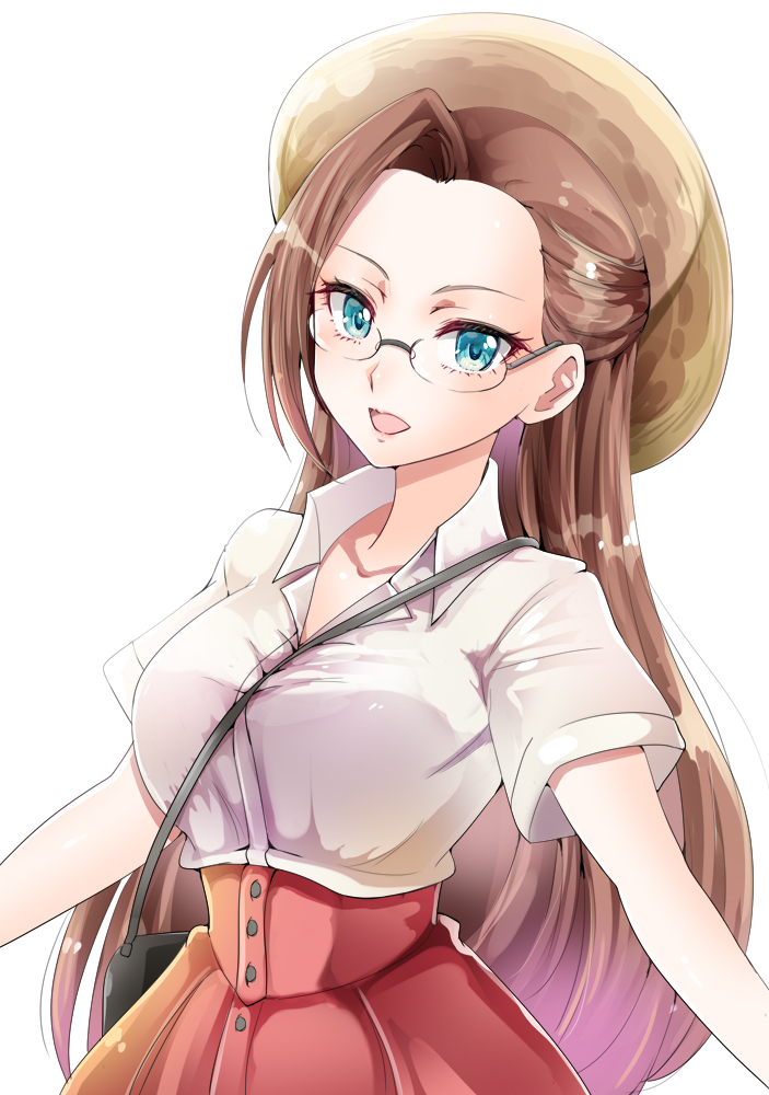 1041_(toshikazu) 1girl :d asymmetrical_hair bag bespectacled blue_eyes breasts brown_hair commentary forehead glasses hat high-waist_skirt katarina_claes large_breasts long_hair looking_at_viewer open_mouth otome_game_no_hametsu_flag_shika_nai_akuyaku_reijou_ni_tensei_shite_shimatta outstretched_arms red_skirt short_sleeves simple_background skirt smile solo spread_arms sun_hat very_long_hair white_background wolf