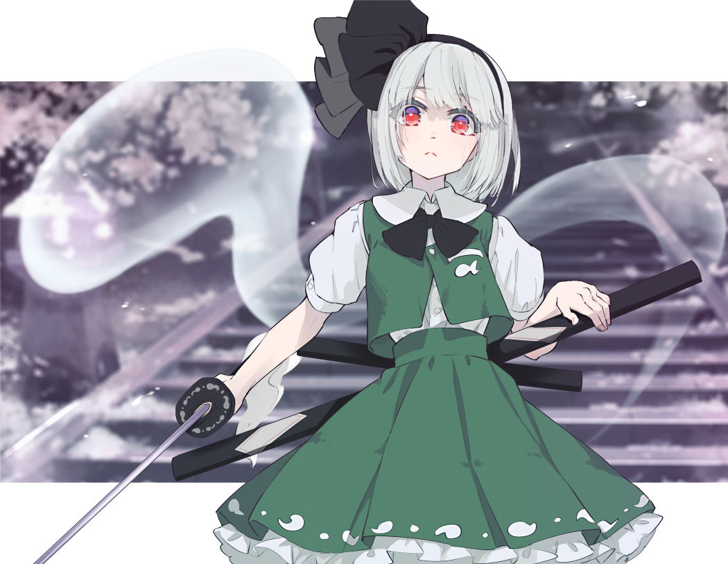 1girl bangs black_hairband black_neckwear black_ribbon commentary cowboy_shot eyebrows_visible_through_hair green_skirt green_vest hair_ribbon hairband hitodama holding holding_sword holding_weapon katana konpaku_youmu konpaku_youmu_(ghost) looking_at_viewer petticoat pleated_skirt puffy_short_sleeves puffy_sleeves red_eyes ribbon scabbard sheath shirt short_hair short_sleeves silver_hair skirt solo sword syuri22 touhou vest weapon white_shirt