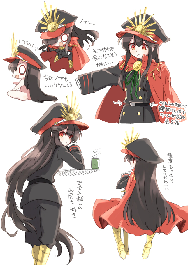 1girl bangs belt black_hair black_headwear black_jacket black_pants breasts buttons cape chibi family_crest fate/grand_order fate_(series) hat jacket kodamari koha-ace long_hair long_sleeves looking_at_viewer multiple_views oda_nobunaga_(fate) oda_nobunaga_(fate)_(all) oda_uri pants peaked_cap red_cape red_eyes simple_background sitting small_breasts white_background