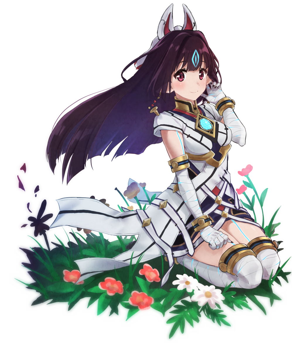 1girl animal_ears black_hair blush breasts dress elbow_gloves flower fox_mask gloves grass kasane_(xenoblade) long_hair looking_at_viewer mask medium_breasts mokki plant red_eyes seiza short_dress simple_background sitting smile solo thigh-highs white_background xenoblade_(series) xenoblade_2