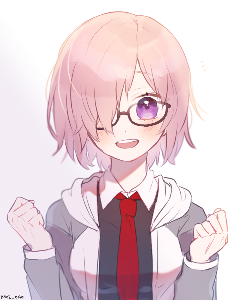 1girl black-framed_eyewear black_shirt blush breasts collared_shirt eyebrows_visible_through_hair fate/grand_order fate_(series) glasses hair_over_one_eye hood hood_down hoodie large_breasts long_sleeves looking_at_viewer mash_kyrielight mo2_(mo2_oao) necktie parted_lips pink_hair shirt short_hair simple_background smile solo upper_body upper_teeth violet_eyes white_background