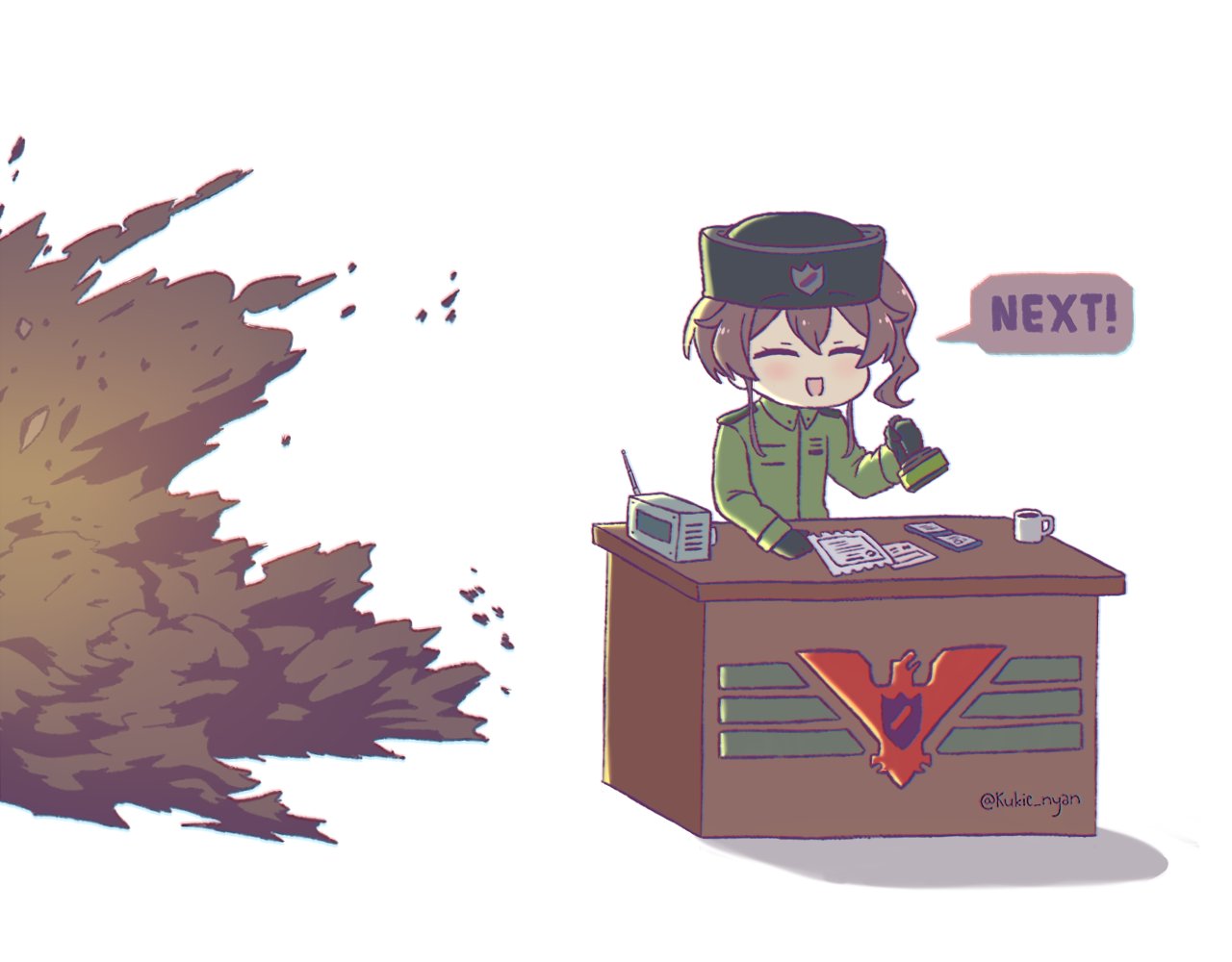 1girl closed_eyes commentary_request explosion hat hololive kukie-nyan military_hat natsuiro_matsuri open_mouth papers papers_please short_hair side_ponytail simple_background solo table virtual_youtuber white_background