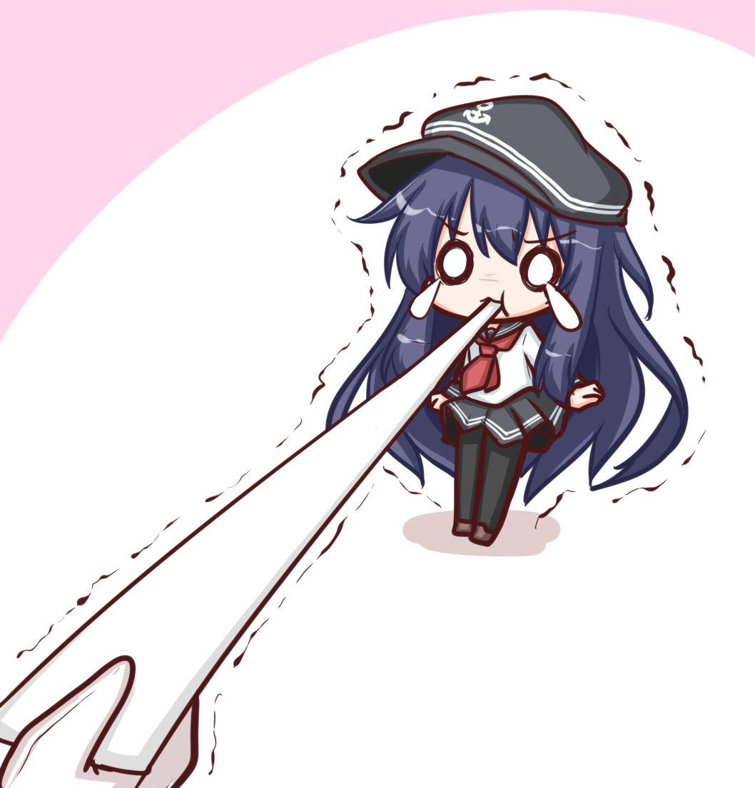 1girl akatsuki_(kantai_collection) anchor_symbol bangs black_headwear black_legwear black_sailor_collar black_skirt blue_hair brown_footwear chibi colored_shadow commentary_request eyebrows_visible_through_hair flat_cap gloves hair_between_eyes hat kantai_collection komakoma_(magicaltale) long_hair long_sleeves mouth_hold neckerchief o_o pantyhose pink_background pleated_skirt red_neckwear sailor_collar school_uniform serafuku shadow shirt skirt solo_focus standing teardrop trembling two-tone_background v-shaped_eyebrows very_long_hair white_background white_gloves white_shirt