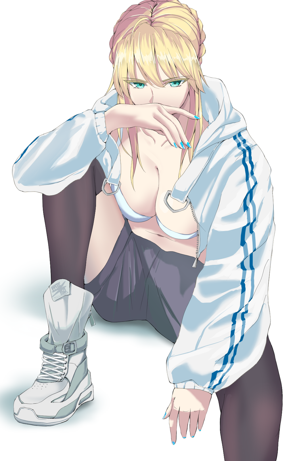1girl ahoge alternate_costume artoria_pendragon_(all) artoria_pendragon_(lancer_alter) blonde_hair blue_nails bra braid breasts colored_eyelashes drawstring fate/grand_order fate_(series) french_braid green_eyes hand_to_own_mouth highres hood hoodie invisible_chair koujiro_(kouziro_1) large_breasts looking_at_viewer nail_polish open_clothes open_hoodie shoes shorts sitting sneakers solo thigh-highs underwear white_background white_bra white_hoodie