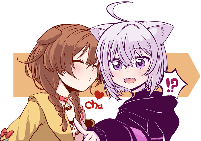 !? 2girls :3 ahoge animal_ears black_choker black_hoodie blush braid brown_hair cat_ears choker closed_eyes commentary dog_ears dress eyebrows_visible_through_hair fang hair_between_eyes heart hololive imminent_kiss index_finger_raised inugami_korone jacket lavender_hair looking_at_viewer medium_hair multiple_girls nekomata_okayu open_mouth orange_background pointing pointing_at_viewer puckered_lips red_choker senhaku short_hair side_braids simple_background twin_braids upper_body violet_eyes white_background white_dress yellow_jacket yuri