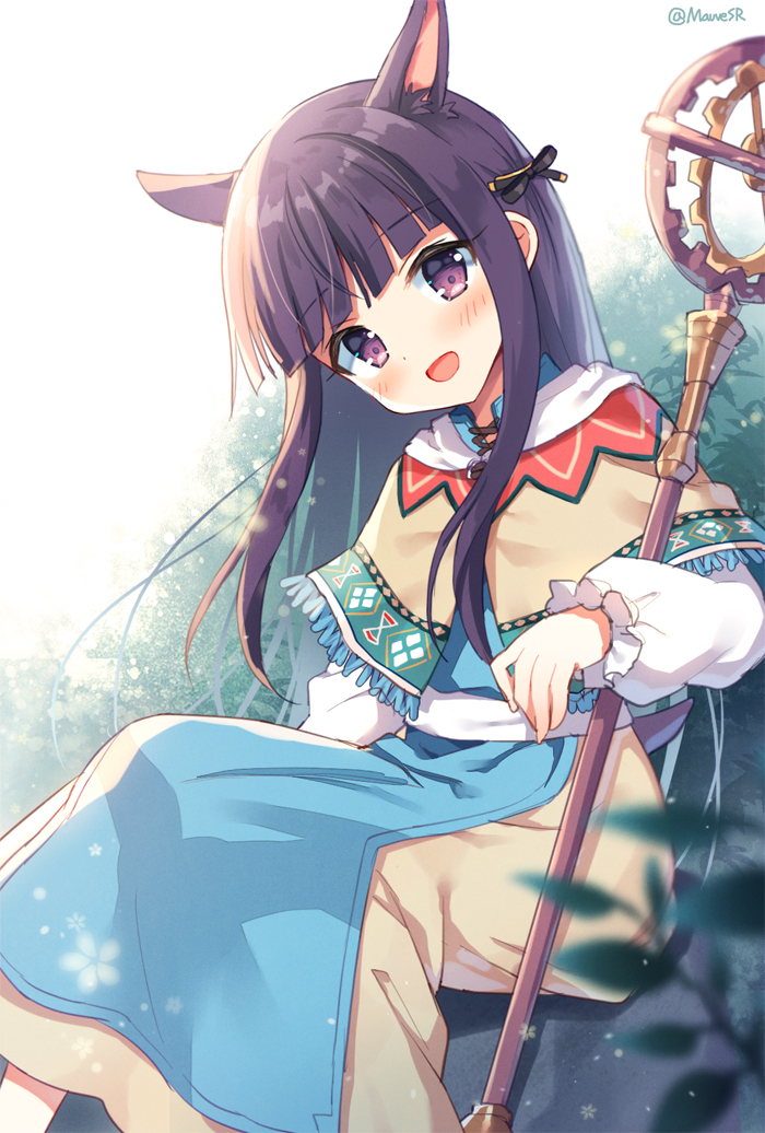 1girl :d animal_ears bangs black_ribbon blurry blurry_foreground blush brown_capelet brown_dress bush cape depth_of_field dress eyebrows_visible_through_hair fringe_trim hair_ribbon head_tilt kirihara_kasumi long_hair long_sleeves mauve open_mouth princess_connect! princess_connect!_re:dive puffy_long_sleeves puffy_sleeves purple_hair ribbon sitting sleeves_past_wrists smile solo staff twitter_username very_long_hair violet_eyes