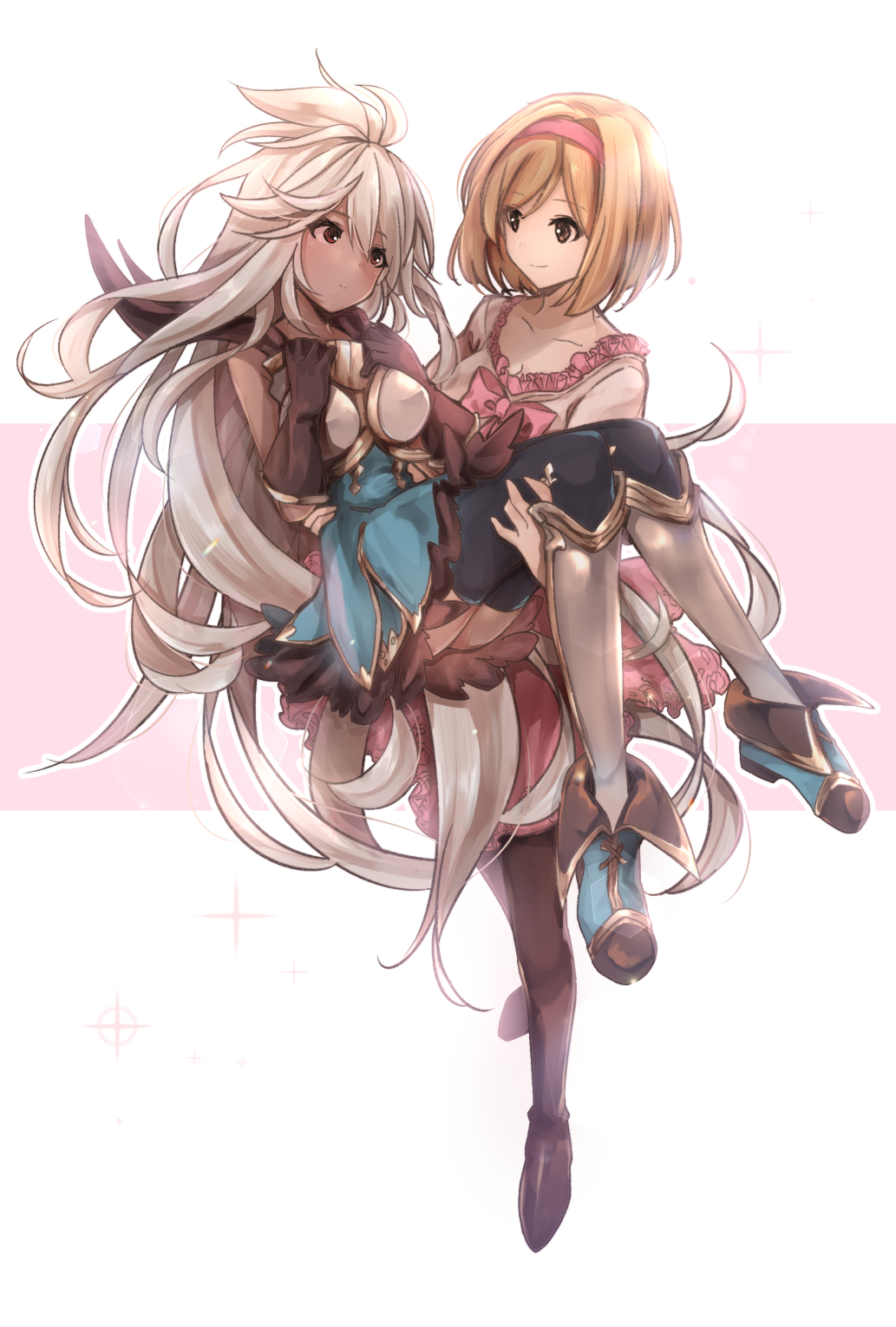 bangs black_legwear blonde_hair boots breastplate brown_gloves carrying commentary_request djeeta_(granblue_fantasy) dress eyebrows_visible_through_hair floating_hair fulunukko gloves granblue_fantasy green_dress hair_between_eyes hairband highres long_hair looking_at_another princess_carry red_eyes short_hair sidelocks simple_background smile swept_bangs thigh-highs white_background white_dress white_hair yellow_eyes zooey_(granblue_fantasy)