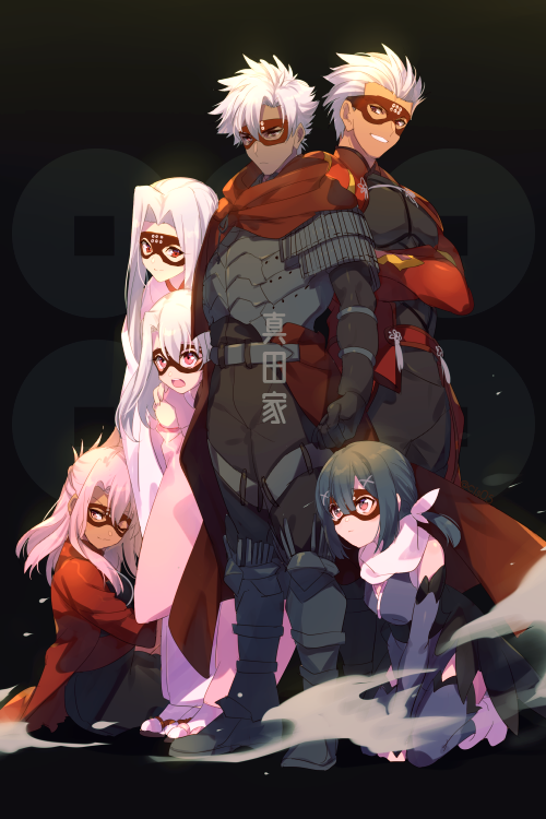 2boys 4girls archer armor armored_boots bangs bare_shoulders black_armor black_hair black_pants blush boots breastplate breasts brown_eyes capelet chloe_von_einzbern cis05 crossed_arms dark_skin dark_skinned_male emiya_kiritsugu emiya_kiritsugu_(assassin) fate/grand_order fate/kaleid_liner_prisma_illya fate/stay_night fate/zero fate_(series) feathers gloves grin hair_feathers half_updo illyasviel_von_einzbern irisviel_von_einzbern japanese_clothes kimono kneeling long_hair low_twintails mask miyu_edelfelt multiple_boys multiple_girls ninja one_eye_closed open_mouth pants pink_hair prisma_illya red_capelet red_eyes red_kimono sash scarf sidelocks sitting small_breasts smile spiky_hair thigh-highs twintails waist_cape white_hair yellow_eyes