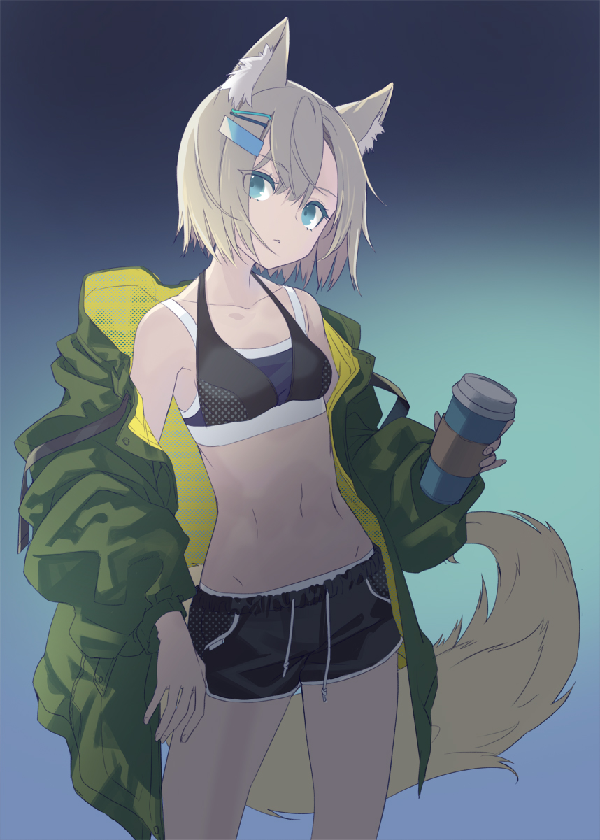 1girl animal_ear_fluff animal_ears bangs bare_shoulders black_shorts blue_background blue_eyes breasts brown_hair coat collarbone commentary cowboy_shot cup disposable_cup english_commentary eyebrows_visible_through_hair fox_ears fox_tail gradient gradient_background green_coat h2so4 hair_ornament hairclip highres holding holding_cup long_sleeves navel open_clothes open_coat original panties panty_peek parted_lips short_hair shorts small_breasts solo sports_bra stomach tail underwear white_panties
