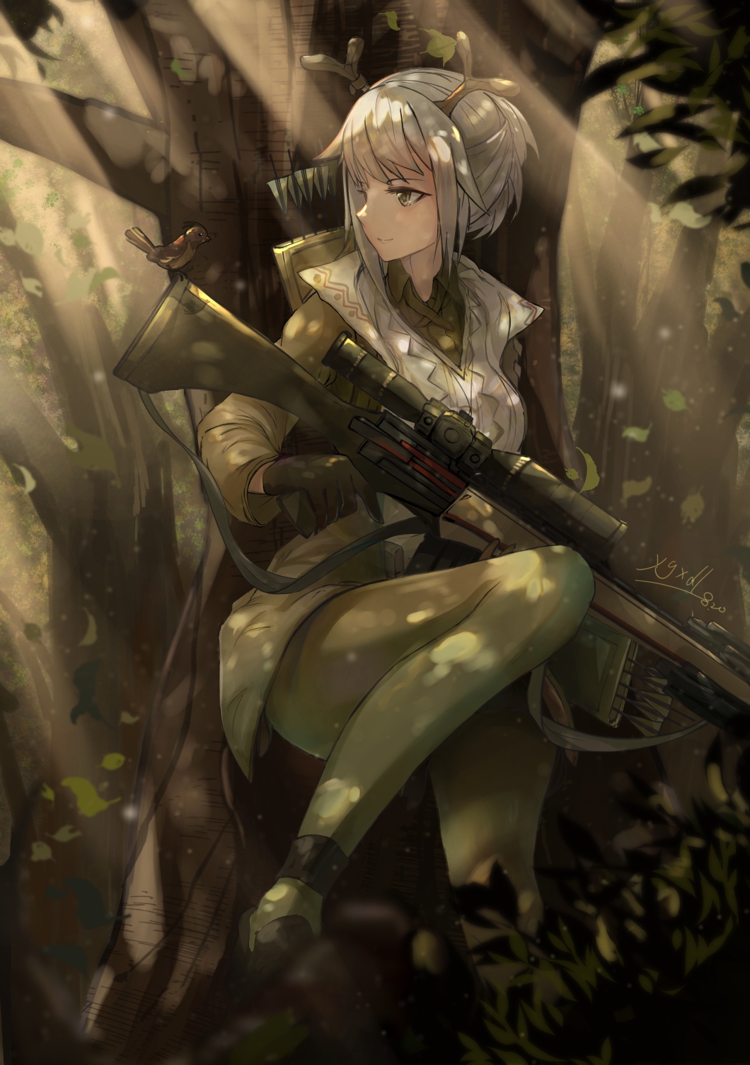 1girl antlers arknights arrow bird bow_(weapon) breasts chinese_commentary closed_mouth crossbow day firewatch_(arknights) forest green_eyes green_jacket green_legwear highres jacket light_rays medium_breasts nature open_clothes open_jacket outdoors pantyhose quiver short_hair signature silver_hair smile solo sunlight tree weapon ygxdl