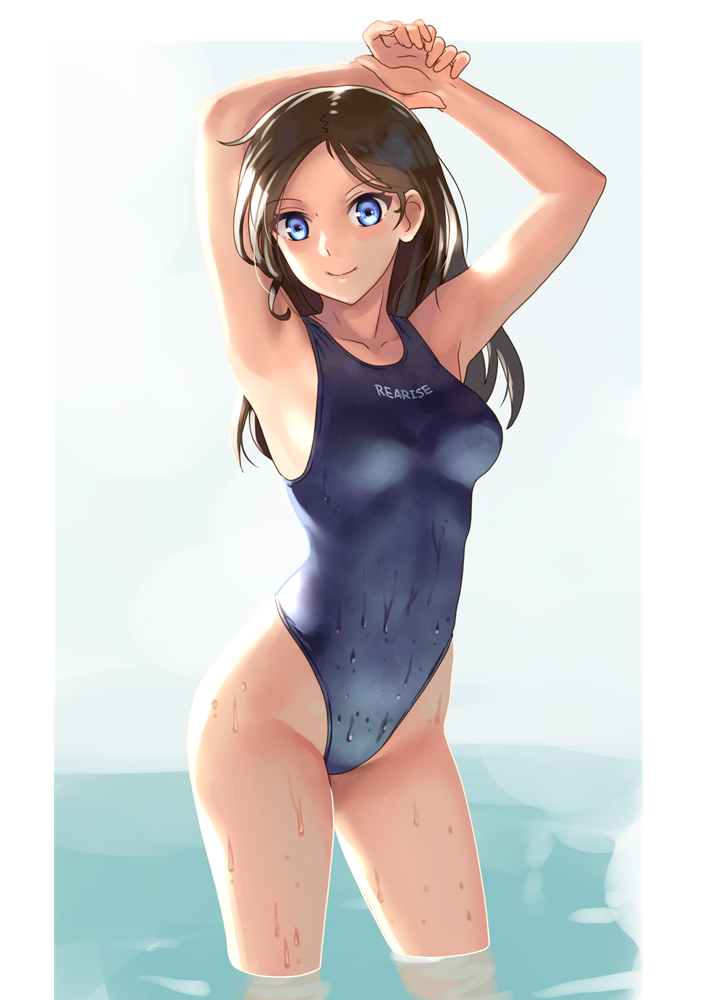 1girl arms_up black_hair black_swimsuit blue_eyes breasts clothes_writing collarbone commentary_request competition_swimsuit highleg highleg_swimsuit katahira_masashi looking_at_viewer medium_breasts one-piece_swimsuit original simple_background smile soaking_feet solo standing swimsuit wet wet_clothes wet_swimsuit white_background