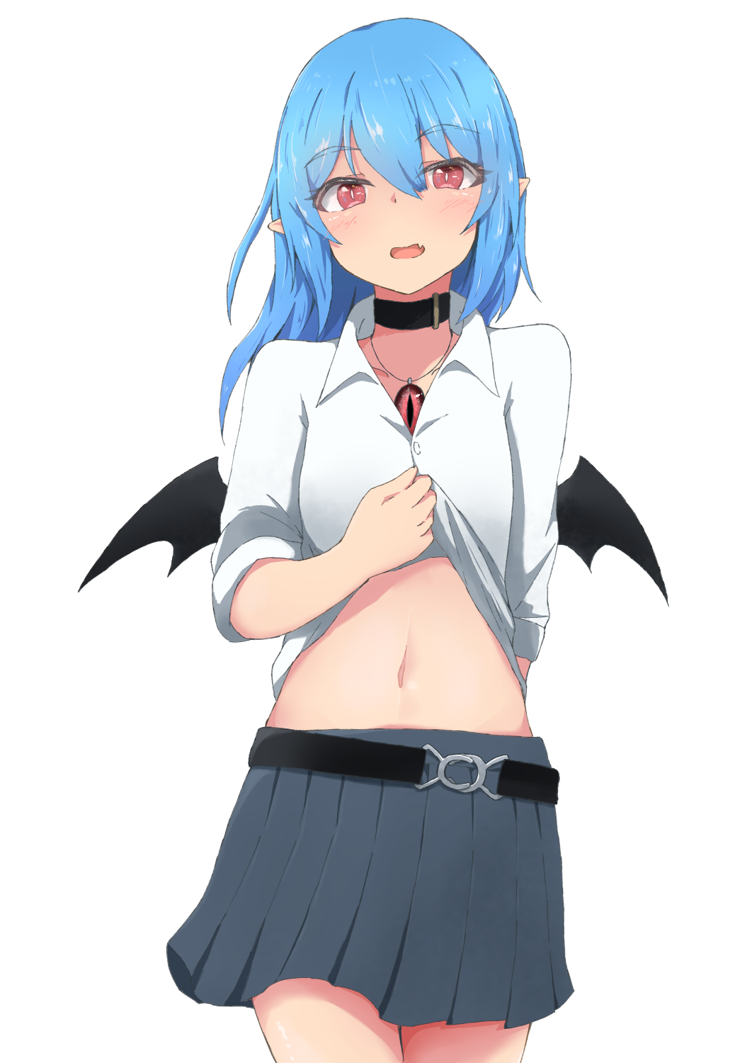 1girl arm_behind_back bat_wings belt black_choker blue_hair breasts bright_pupils choker contemporary cowboy_shot eyebrows_visible_through_hair fang grey_skirt hair_between_eyes head_tilt highres jewelry lifted_by_self looking_at_viewer midriff mizune_(winter) navel open_mouth original pendant pleated_skirt pointy_ears red_eyes shirt shirt_lift short_hair simple_background skin_fang skirt sleeves_rolled_up small_breasts solo white_background white_pupils white_shirt wings