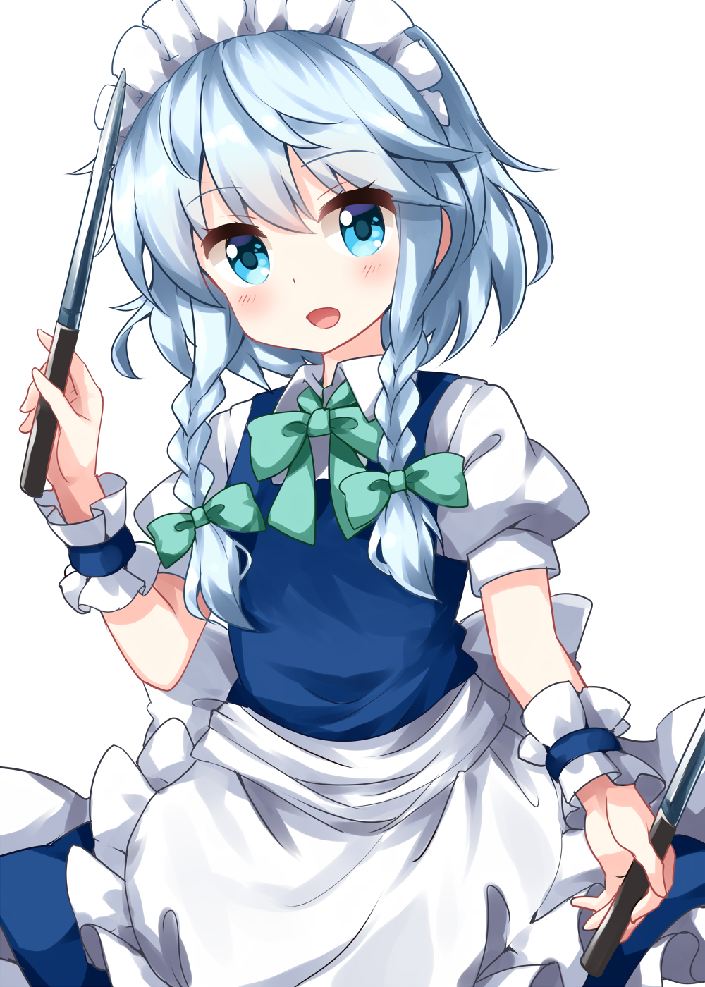 1girl :d apron bangs blue_dress blue_eyes blush bow bowtie braid commentary_request cowboy_shot dress eyebrows_visible_through_hair green_bow green_neckwear hair_between_eyes hair_bow hand_up highres holding holding_knife holding_weapon izayoi_sakuya knife looking_at_viewer maid maid_apron maid_headdress open_mouth petticoat puffy_short_sleeves puffy_sleeves ruu_(tksymkw) shirt short_hair short_sleeves silver_hair simple_background smile solo touhou twin_braids waist_apron weapon white_apron white_background white_shirt wing_collar wrist_cuffs
