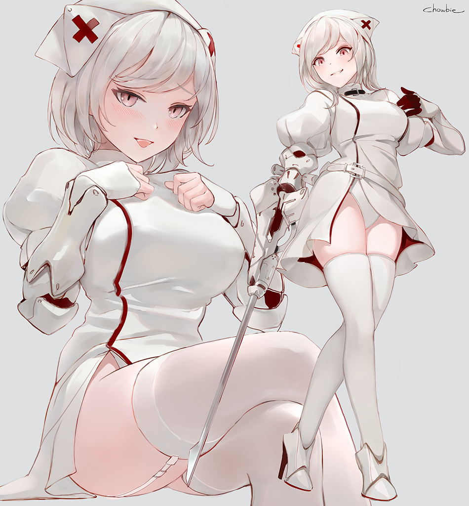 1girl artist_name blush breasts brown_eyes chowbie commentary_request crossed_legs dress garter_belt garter_straps grey_background hands_on_own_chest hat high_heels holding holding_weapon juliet_sleeves large_breasts long_sleeves looking_at_viewer multiple_views nurse nurse_cap open_mouth original panties puffy_sleeves short_hair simple_background standing underwear weapon white_dress white_hair white_legwear white_panties