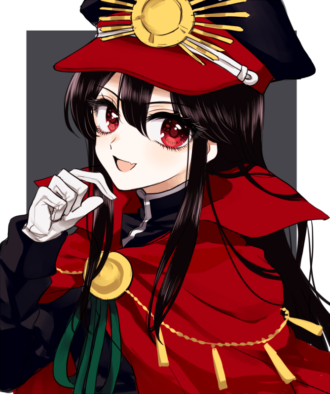 1girl bangs black_hair black_headwear blush border breasts cape chain family_crest fang fate/grand_order fate_(series) gloves grey_background hat kanon_(ikamiso) koha-ace long_hair long_sleeves looking_at_viewer oda_nobunaga_(fate) oda_nobunaga_(fate)_(all) oda_uri open_mouth peaked_cap red_cape red_eyes sidelocks skin_fang smile solo white_border white_gloves