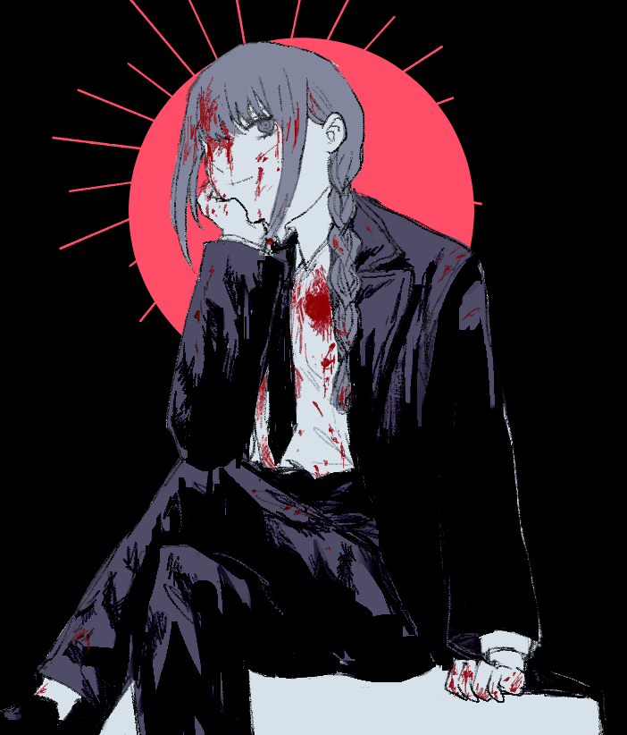 black_background black_footwear black_jacket black_neckwear black_pants blood blood_on_face bloody_clothes bloody_hair bloody_hands braid braided_ponytail breasts business_suit chainsaw_man formal hand_on_own_chin jacket long_sleeves looking_to_the_side makima_(chainsaw_man) medium_breasts medium_hair necktie one_eye_covered pants ringed_eyes shirt shirt_tucked_in shoes short_hair simple_background sitting small_breasts smile smirk suit user_wuyd4757 white_shirt