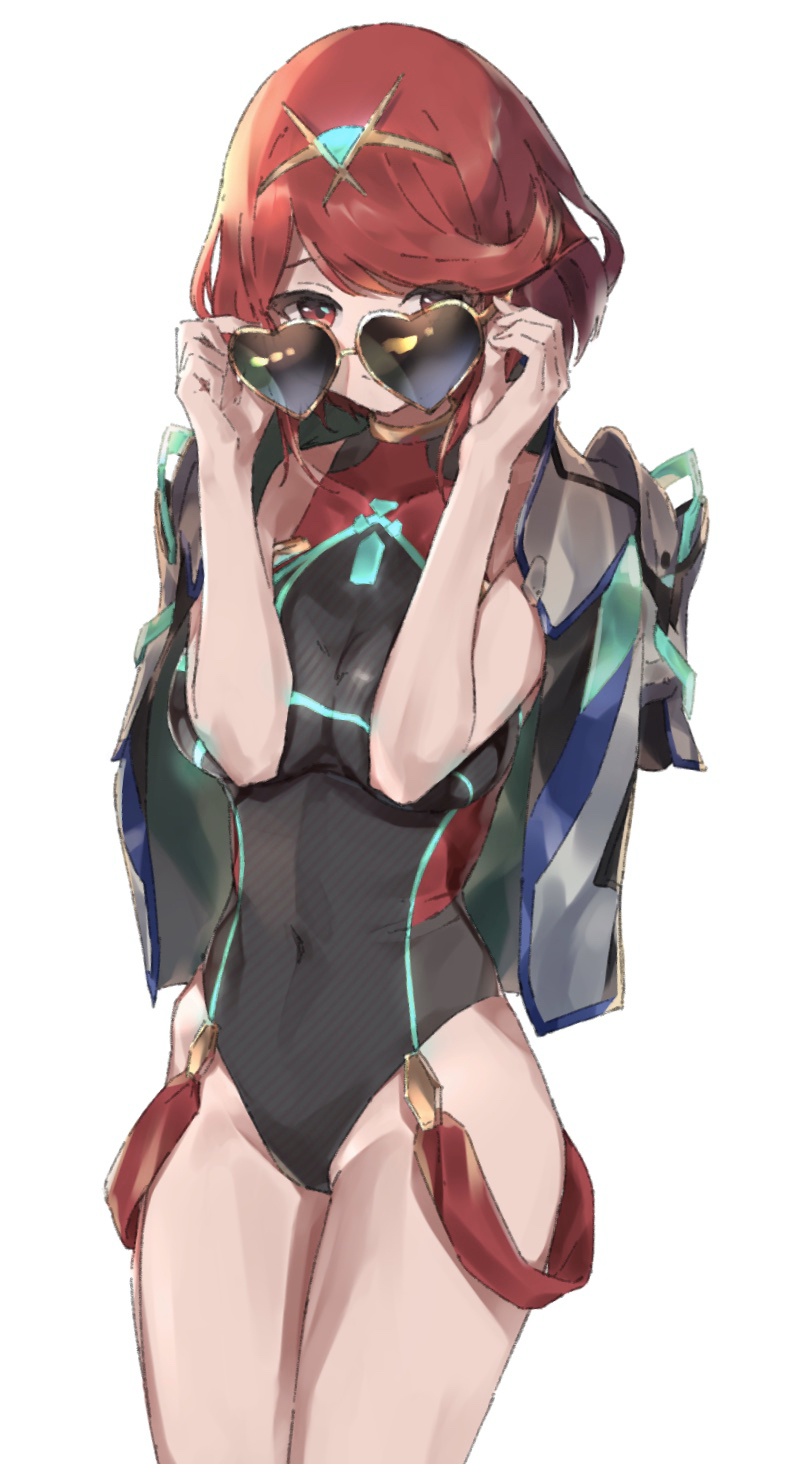 1girl breasts chest_jewel covered_navel epi_zero eyebrows_visible_through_hair gem hands_up heart heart-shaped_eyewear highres pyra_(xenoblade) jacket large_breasts looking_at_viewer one-piece_swimsuit red_eyes redhead short_hair simple_background solo sunglasses swimsuit thighs tiara white_background xenoblade_(series) xenoblade_2