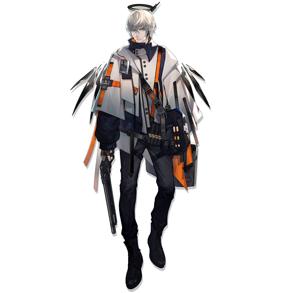 1boy ankle_boots arknights bangs black_footwear black_pants blue_eyes boots detached_wings executor_(arknights) full_body gun hair_between_eyes halo high_collar holding holding_gun holding_weapon jacket long_sleeves looking_at_viewer male_focus official_art pants shotgun silver_hair skade solo transparent_background weapon white_jacket wings