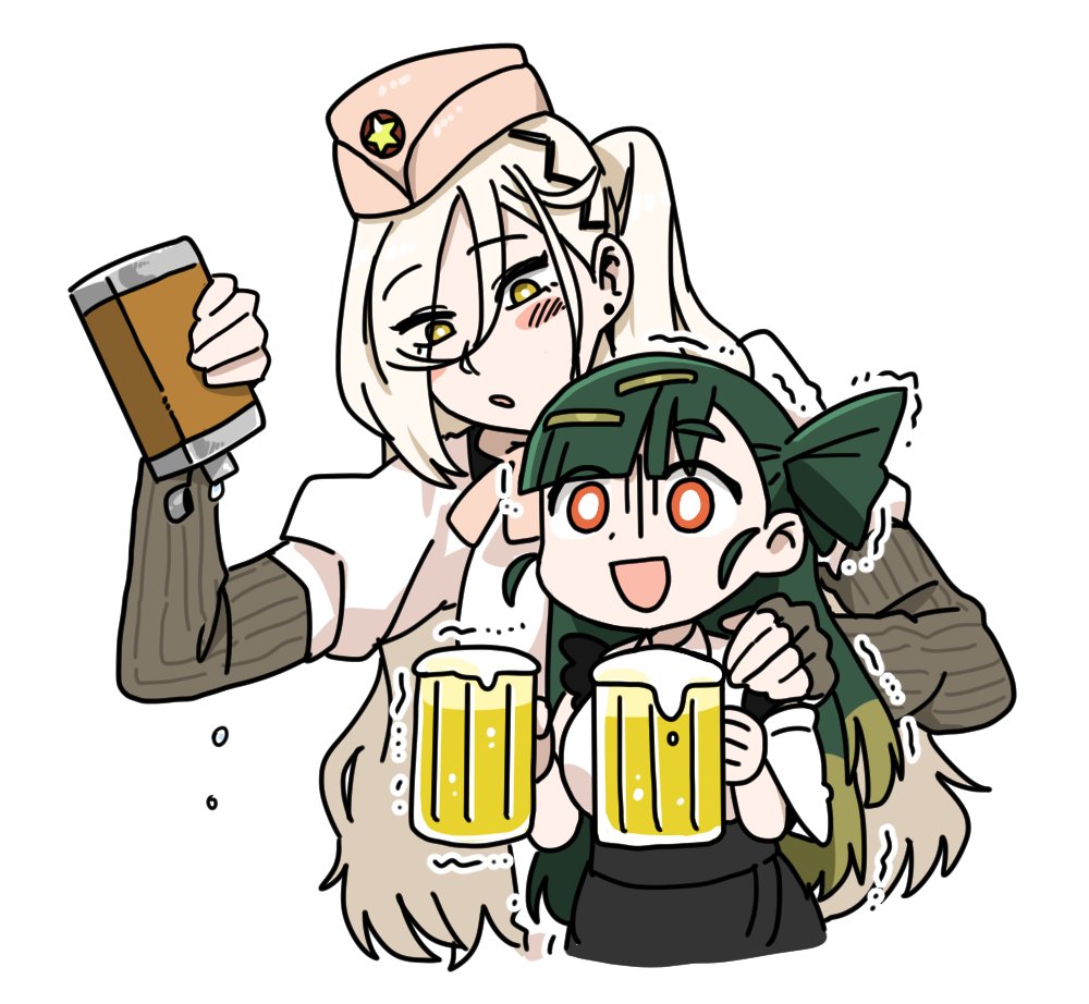 2girls :d a-91_(girls_frontine) alcohol anyan_(jooho) beer beer_mug blonde_hair blush cup dripping elbow_gloves empty fingerless_gloves flask g28_(girls_frontline) girls_frontline gloves green_hair hair_ornament hairclip hand_on_another's_shoulder hat long_hair mug multiple_girls one_side_up open_mouth smile trembling