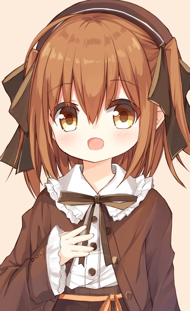 1girl :d bangs beret blush bow brown_background brown_bow brown_eyes brown_hair brown_headwear brown_jacket brown_skirt collared_shirt commentary_request eyebrows_visible_through_hair frilled_shirt_collar frills hair_between_eyes hair_bow hand_up hat jacket long_hair long_sleeves looking_at_viewer lucena_winter open_clothes open_jacket open_mouth original shirt simple_background skirt sleeves_past_wrists smile solo two_side_up white_shirt yuuhagi_(amaretto-no-natsu)