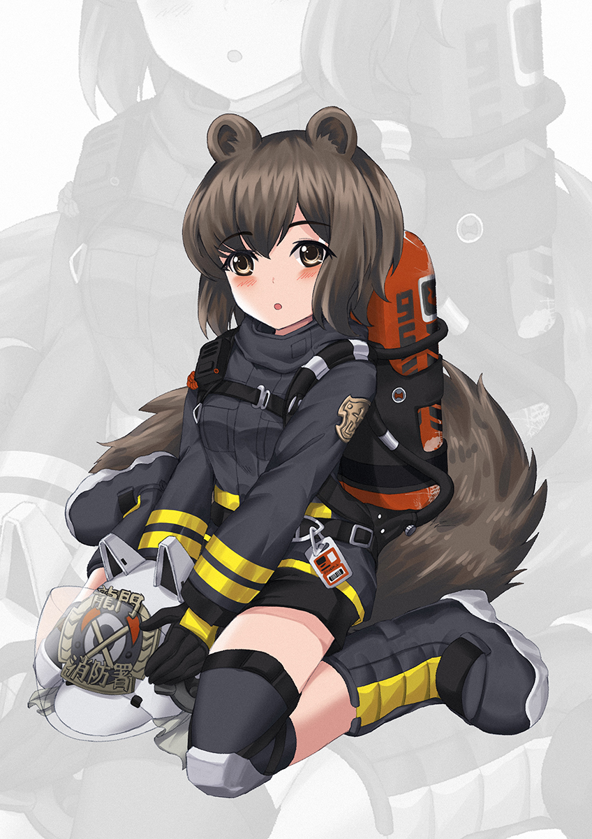 1girl animal_ears animal_ears_helmet arknights black_gloves boots brown_eyes brown_hair commentary_request eyebrows_visible_through_hair fire_axe fire_helmet fire_jacket firefighter gloves headwear_removed helmet helmet_removed highres knee_pads large_tail open_mouth oxygen_tank persocon93 shaw_(arknights) short_hair shorts solo squirrel_girl squirrel_tail tail zoom_layer