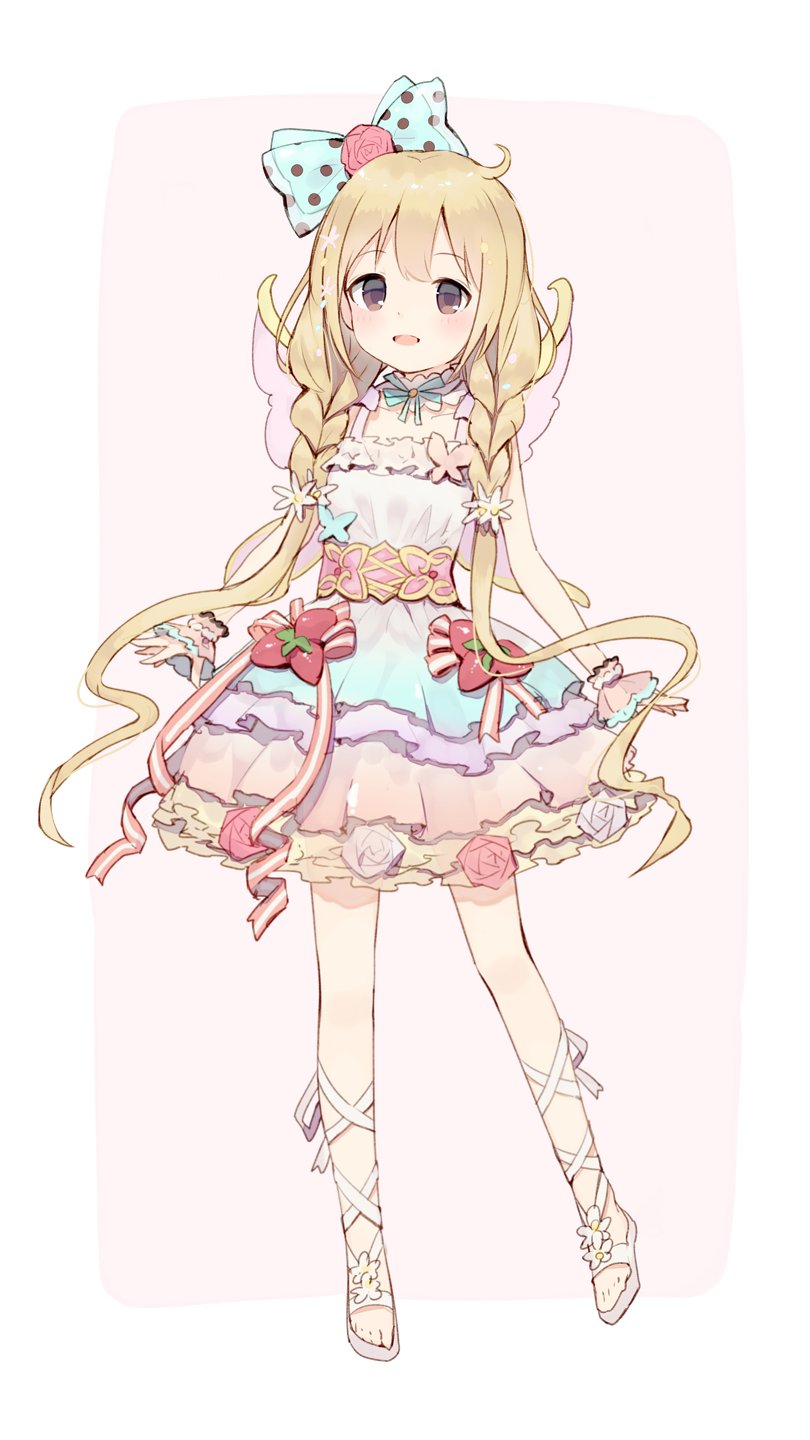 1girl :d ankle_lace-up bangs bare_arms blonde_hair bow braid brown_eyes choker cross-laced_footwear dress frilled_choker frills full_body futaba_anzu hair_bow highres idolmaster idolmaster_cinderella_girls layered_dress long_hair looking_at_viewer open_mouth pink_background polka_dot polka_dot_bow scrunchie shone simple_background sleeveless sleeveless_dress smile solo twin_braids very_long_hair wings wrist_scrunchie
