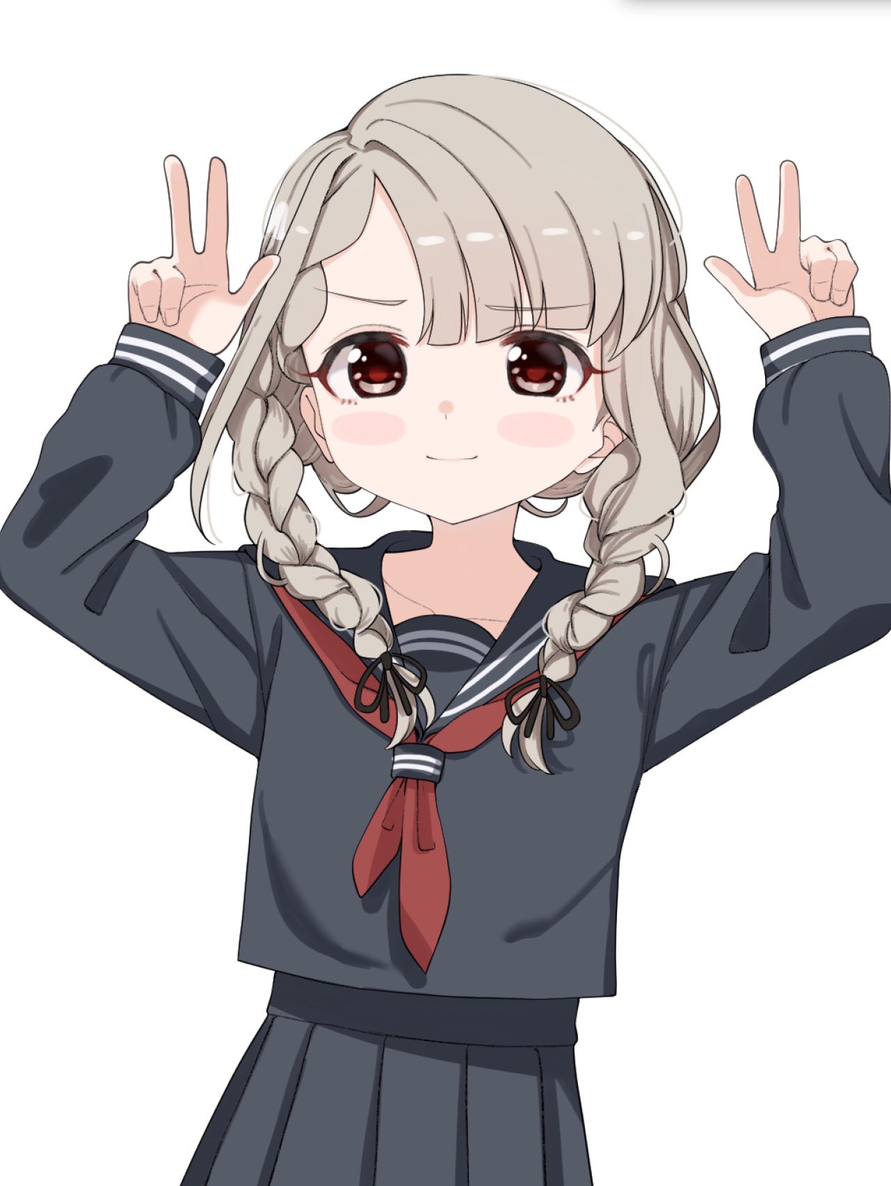 1girl arms_up bangs black_ribbon black_sailor_collar black_shirt black_skirt blush_stickers braid brown_eyes closed_mouth commentary_request double_w eyebrows_visible_through_hair grey_hair hair_ribbon highres hisakawa_nagi idolmaster idolmaster_cinderella_girls idolmaster_cinderella_girls_starlight_stage long_hair long_sleeves looking_at_viewer neckerchief pleated_skirt red_neckwear ribbon sailor_collar shirt shiwa_(siwaa0419) simple_background skirt sleeves_past_wrists smile solo twin_braids w white_background