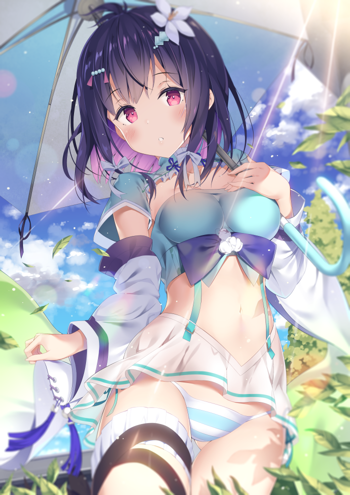 1girl ass_visible_through_thighs blue_shirt blurry breasts character_request choker clouds colored_inner_hair cowboy_shot crop_top day detached_sleeves flower hair_flower hair_ornament hairclip hatsuki_kaname holding houchi_shoujo leaf leaves_in_wind leg_garter light_rays looking_at_viewer medium_breasts microskirt midriff multicolored_hair navel outdoors panties parted_lips purple_hair red_eyes revealing_clothes shirt short_hair short_sleeves sidelocks skirt solo stomach striped striped_panties sunbeam sunlight suspenders thighs umbrella underwear white_flower white_skirt wide_sleeves