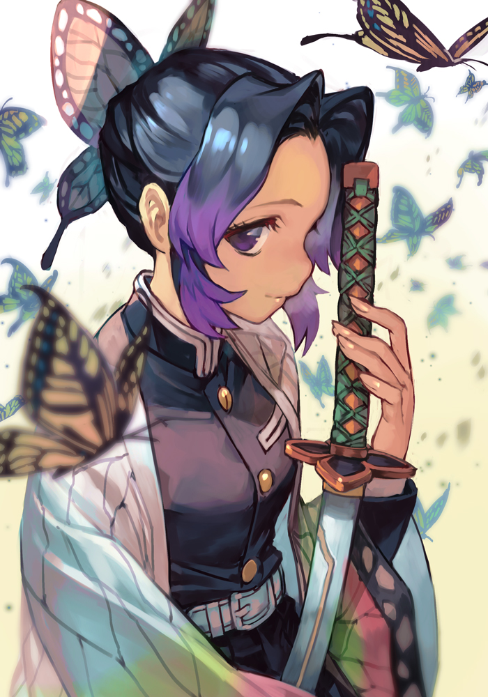 1girl animal_print bangs belt black_hair black_jacket black_pants blurry breasts bug butterfly butterfly_hair_ornament butterfly_print closed_mouth cowboy_shot depth_of_field forehead from_side gakuran hair_ornament hankuri haori insect jacket japanese_clothes katana kimetsu_no_yaiba kochou_shinobu light_smile lips long_sleeves looking_at_viewer medium_breasts multicolored_hair pants parted_bangs profile purple_hair school_uniform short_hair simple_background smile solo sword two-tone_hair uniform violet_eyes weapon white_background wide_sleeves