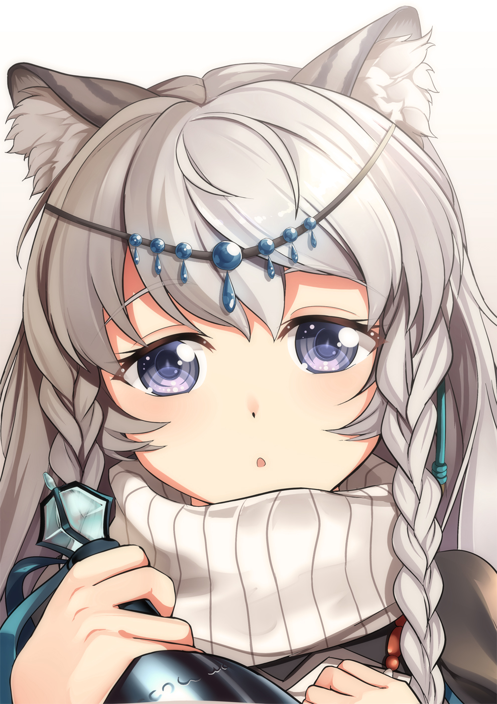 1girl :o animal_ear_fluff animal_ears arknights braid commentary_request eyebrows_visible_through_hair grey_eyes grey_hair hair_between_eyes highres holding jewelry leopard_ears long_hair looking_at_viewer portrait pramanix_(arknights) simple_background solo turtleneck twin_braids white_background yasume_yukito