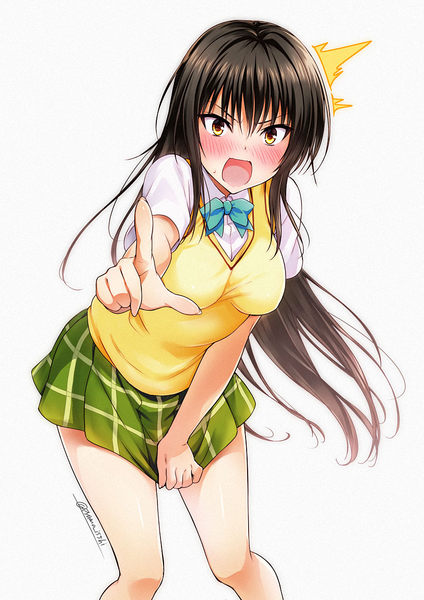/\/\/\ 1girl black_hair blue_neckwear blush breasts brown_eyes cowboy_shot green_skirt kotegawa_yui leaning_forward long_hair looking_at_viewer medium_breasts nose_blush open_mouth plaid plaid_skirt pleated_skirt puma_(hyuma1219) simple_background skirt skirt_pull solo standing sweater_vest to_love-ru white_background