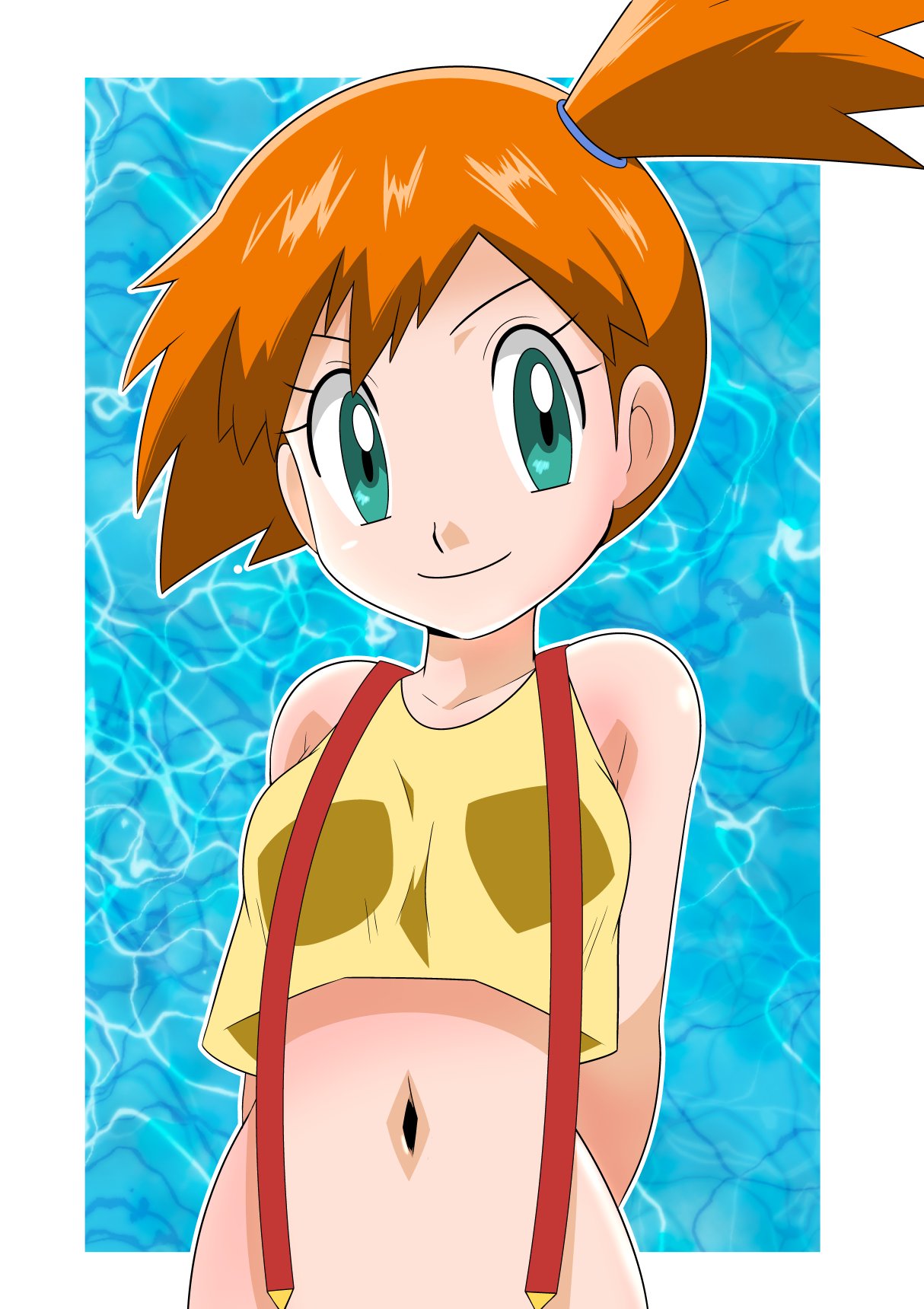 1girl breasts closed_mouth commentary green_eyes gym_leader hainchu highres kasumi_(pokemon) looking_at_viewer midriff navel orange_hair pokemon pokemon_(anime) short_hair side_ponytail smile solo suspenders