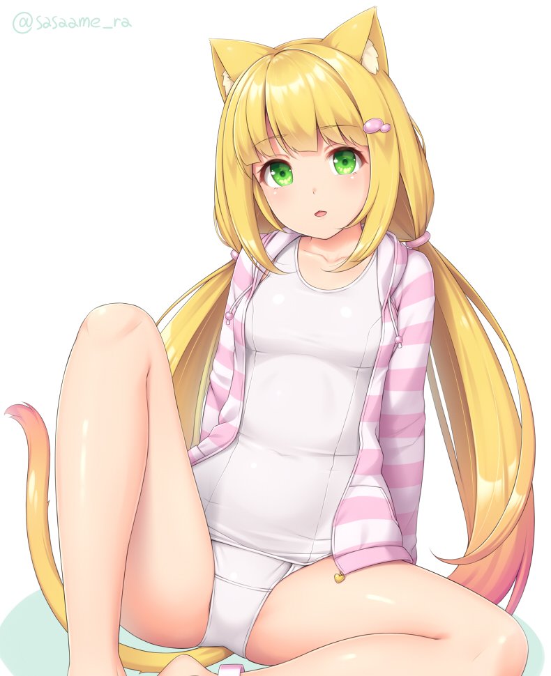 1girl animal_ears ankleband bangs blonde_hair blunt_bangs blush breasts cat_ears cat_tail chestnut_mouth covered_navel eyebrows_visible_through_hair gradient_hair green_eyes hair_ornament hairclip knee_up long_hair looking_at_viewer low_twintails multicolored_hair one-piece_swimsuit original parted_lips sasaame school_swimsuit simple_background sitting small_breasts solo striped_jacket swimsuit tail twintails twitter_username very_long_hair white_background white_swimsuit