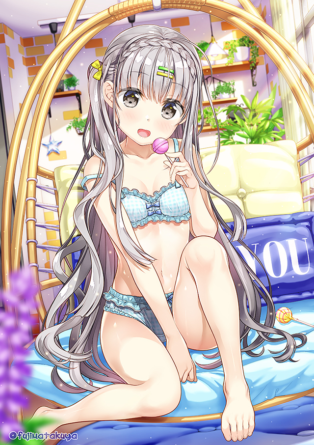 1girl :d bare_arms bare_legs bare_shoulders barefoot blue_bra blue_panties blurry blurry_foreground blush bow bow_bra bow_panties bra braid breasts candy collarbone commentary_request crown_braid depth_of_field flower food fujima_takuya grey_eyes grey_hair hair_bow hair_ornament hairclip holding holding_food holding_lollipop indoors lollipop long_hair navel one_side_up open_mouth original panties pillow plaid plaid_bra plaid_panties plant potted_plant purple_flower small_breasts smile solo twitter_username underwear underwear_only very_long_hair yellow_bow