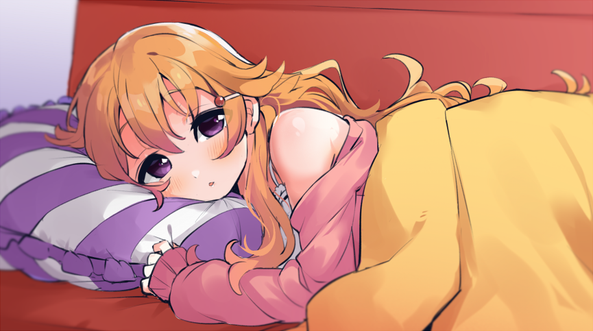 1girl bangs blanket blonde_hair commentary_request eyebrows_visible_through_hair hair_between_eyes hair_ornament hairclip jacket konoe_kanata long_hair looking_at_viewer love_live! love_live!_school_idol_project lying off-shoulder_jacket on_side pillow pink_jacket shirt solo totoki86 violet_eyes white_shirt