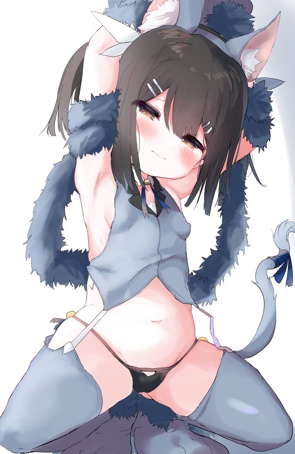 1girl animal_ears armpits arms_behind_head arms_up bangs bare_shoulders bell black_hair black_panties blue_ribbon blush breasts brown_eyes cat_ears cat_tail closed_mouth fate/kaleid_liner_prisma_illya fate_(series) feathers garter_straps gloves grey_legwear grey_vest hair_feathers hair_ornament hairclip highres jingle_bell long_hair looking_at_viewer miyu_edelfelt navel panties paw_gloves paw_shoes paws ribbon shoes simple_background small_breasts solo squatting tail thigh-highs thighs twintails underwear vest white_background yinpa_(wanone500511)